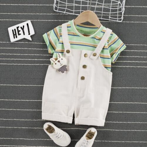 Summer Children Cotton Baby Boy Girl Clothes strips T Shirts Bib Pants 2Pcs/sets Infant Leisure Kids Fashion Toddler suit set