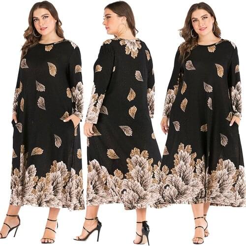 Fashion Women Muslim Maxi Dress Long Sleeve Kaftan Casual Print Flower Abaya Robes Gown Cocktail Plus Size Turkish Clothing New