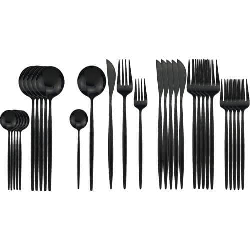 30Pcs Black Dinnerware Set Stainless Steel Dessert Fork Mirror Cutlery Set Tableware Set Flatware Set Home Accessories