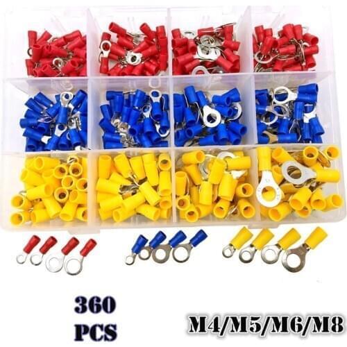 360pcs/Set Assortment Crimp Terminals AWG22-16/16-14/12-10 Electrical Insulated M4/M5/M6/M8 Ring Connector Red Blue Yellow Kit