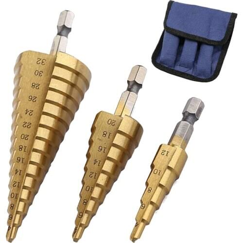 HSS Step Drill Bit Set of 3, 4-12mm 4-20mm 4-32mm Cone Titanium Wood Metal Hole Cutter Hex Shank Drive Quick Change Tool