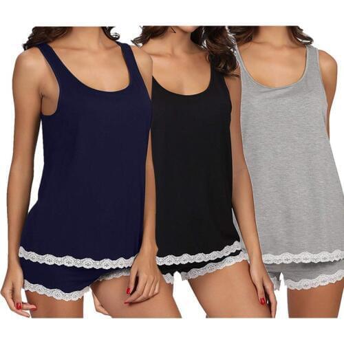 2019 New Women Summer Fashion Lace Stitching Vest Shorts Sleepwear Suit Comfortable Pajamas Home Service