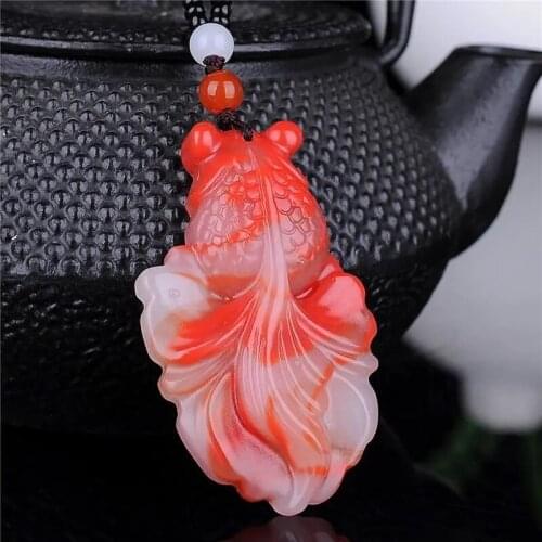 Chinese Red White Jade Goldfish Pendant Necklace Charm Jewellery Fashion Accessories Hand-Carved Man Woman Amulet Sweater Chain