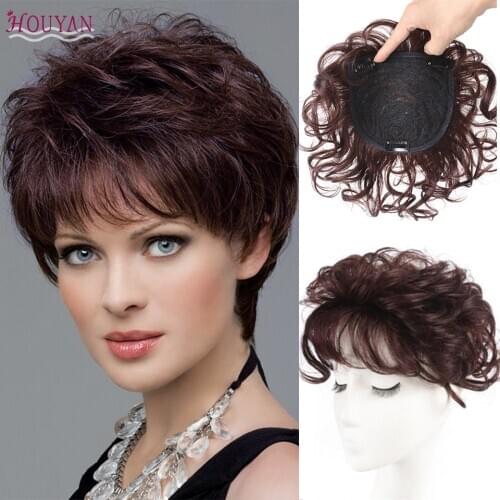 HOUYAN Wig female hair increase invisible and traceless human hair covering white hair short curly hair fluffy natural tonic top
