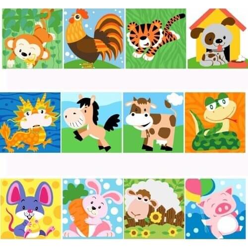 Frame DIY Painting By Numbers Children Cartoon Chinese Zodiac Paint By Number Hand Painted Calligraphy Painting 20x20cm Artowrk