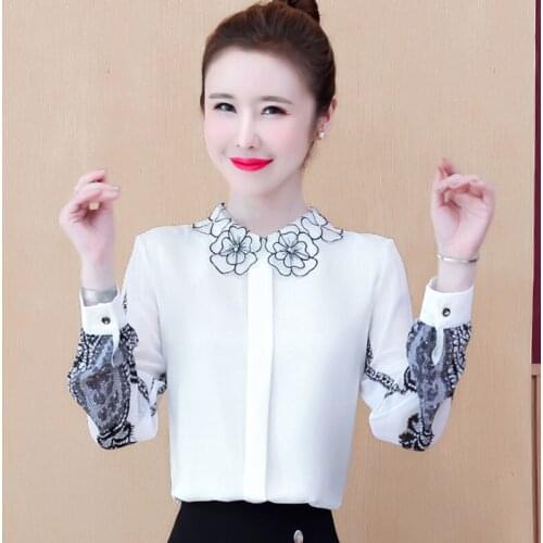 Spring Autumn 2021 Women Fashion Chiffon Long Sleeved Shirts Female O-neck Embroidery Tops & Blouses Office Lady Shirts Q647