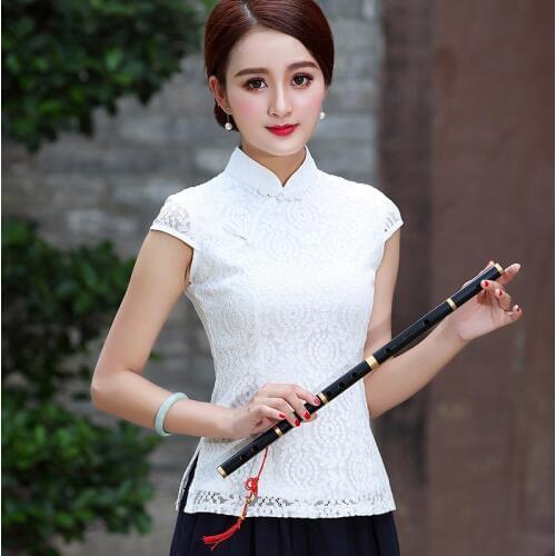 SHENG COCO Ladies White Lace Blouse Qipao Tops Chinese Style Vintage Clothing Blouse Women Wear Tangzhuang Clothes Haut Chinois