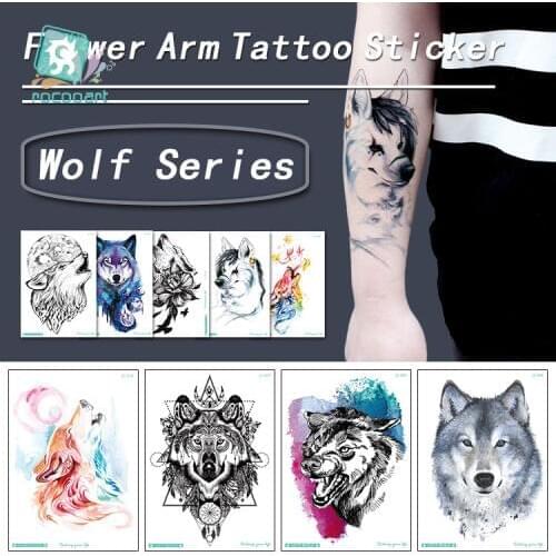 Rocooart Large Wolf Arms Tattoo Stickers Men Body Art Taty Hand Waterproof Fake Tattoos Watercolor Animals Tatuajes Big Tatouage