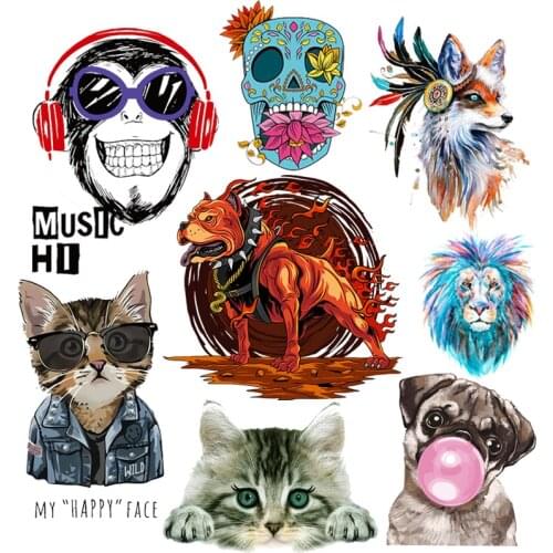 Punk Hippie Animal Thermal Heat Transfer Applique Iron-On Transfer Patches For Clothing Cat Shar Pei Dog Patch Stickers Washable
