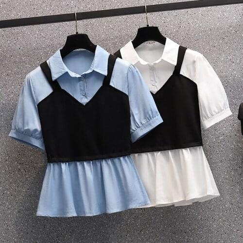 False Two Piece Short Sleeved Plus Size Oversized Korean Fashion Summer WomenS Clothing Vintage Shirts Blouses Tops New 2021