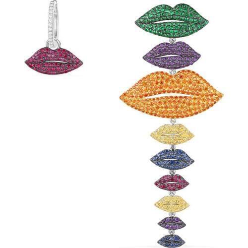 SLJELY 925 Sterling Silver Asymmetrical Multicolor Lips Earrings Red Orange Zirconia Stones Yao Chen Collection Women Jewelry