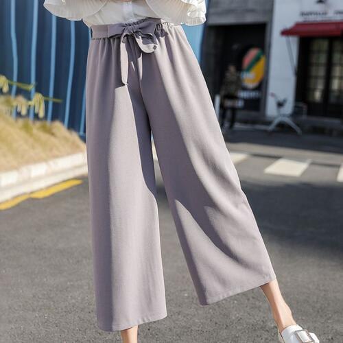 Women Summer Solid Color Pants Wholesale Ladies Polyester Casual Beach Pants Loose Wide Leg High Waist Straight Nine Pants XL