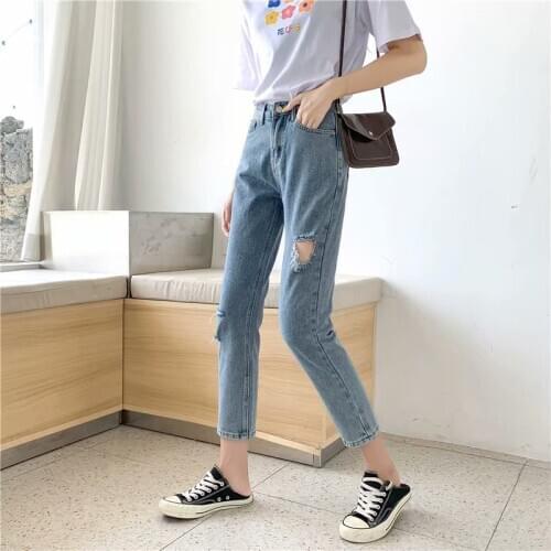 Large size 5XL fat mm jeans womens high waist students loose all-match pants women Korean straight ankle length ripped pants