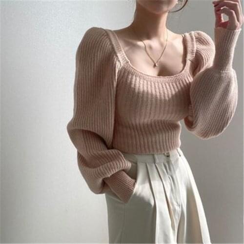 Chic Sweater for Women Minimalist Solid Sqaure Collar Puff Sleeve Bottoming Knitted Casual Pullovers Top Autumn Winter Fashion