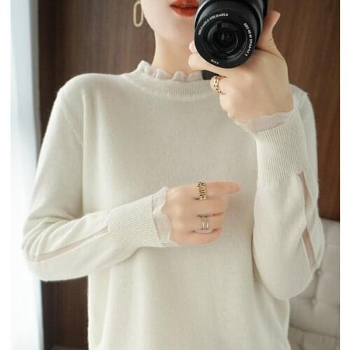 Round neck100 pure wool spring 2021 new knitted bottoming cashmere sweater women lace western style