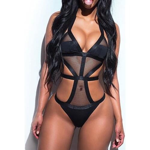 Ladies Open Back Bodysuit Womens Sexy Lace Bodysuit Shoulder Bandage Transparent Body Mesh Patchwork Black Jumpsuit