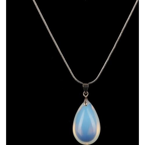 Natural Stone Opal Water Drop Pendant Women Necklaces Hexagon Pendulum Sliver Snake Chain Healing Chakra Reiki Fashion Jewelry