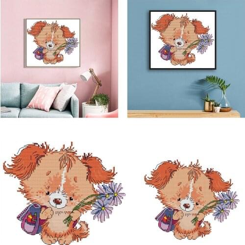 1Set Stamped Cross Stitch Kit Dog with Flower Embroidery Cloth Needlepoint