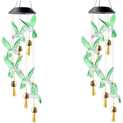 2 Pcs Solar bird Wind Chimes Outdoor,LED Color Changing Solar Wind Chime with 6 Bells,Solar Lights Garden Decor