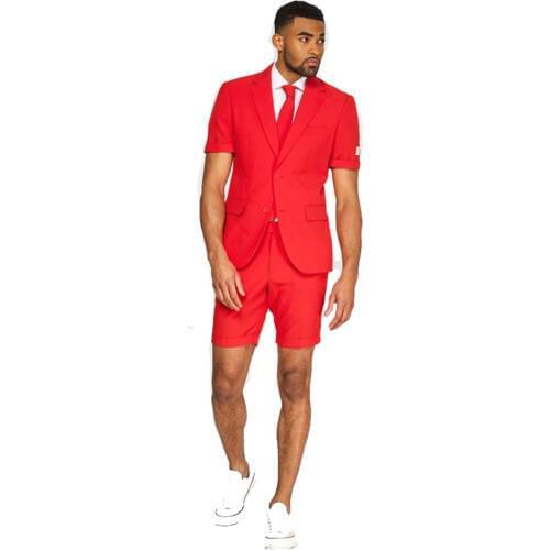2020 Mens Suit Summer Red Short Sleeve Houndstooth Tweed Blazer Suits Two Pieces Two Button Groom Prom Wedding Tuxedos Lapel