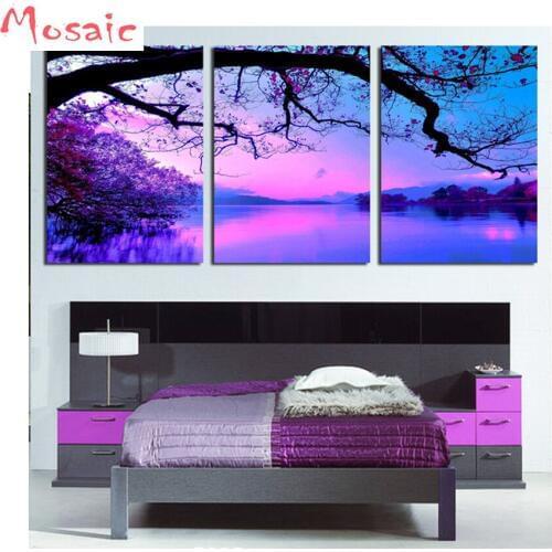 River Nature Landscape Diamond Embroidery diy Handmade 3pcs Diamond Painting Village Needlework Mosaic Cross Stitch Home Decor