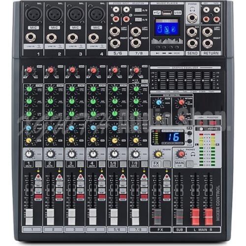 8 Channel Mixer 16 Digital Reverb Effects Seven Band Equalizer Mixing Console with USB +48V Phantom Power