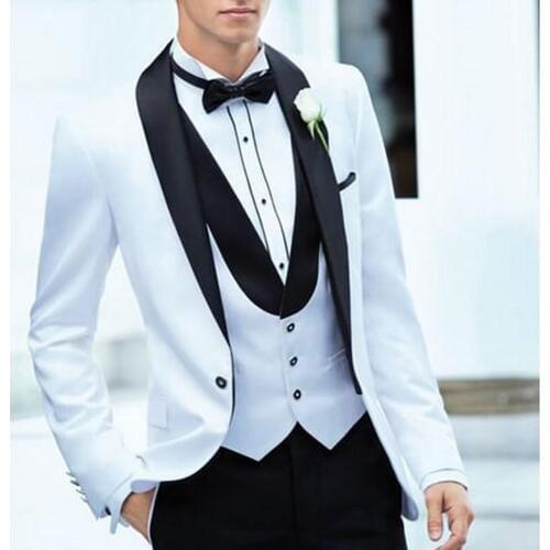 CUSTOM MADE WHITE JACKET BLACK PANTS, BESPOKE White Tuxedo Jacket Black Lapel,Tailored Groom White Tuxedo Black Shawl Lapel Vest