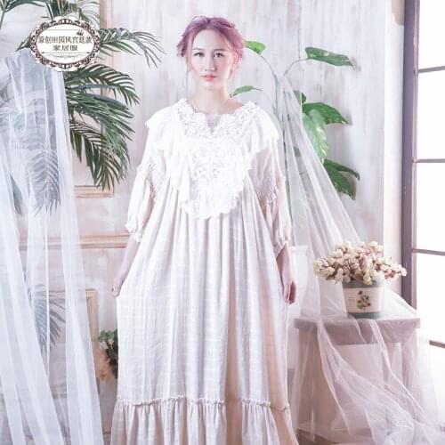 Free Shipping 2017 New Princess Style Womens Long Nightgown Pink and Grey Color Sleepwear Vintage Cotton Linen Lace Pijamas