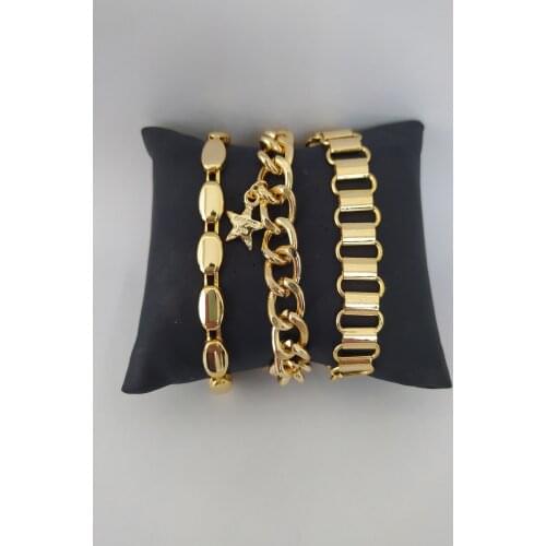 Womens 3 SET Wristband Gold Jewelry Zircon Stone Stainless Steel Cartİ Bangle Bracelet 18 Cm