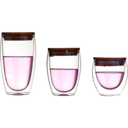 250ml/350ml/450ml Double Layer Wall Clear Glass Tea Cups + Bamboo Lid Set Anti-scalding Glass Coffee Tea Milk Insulation Mugs