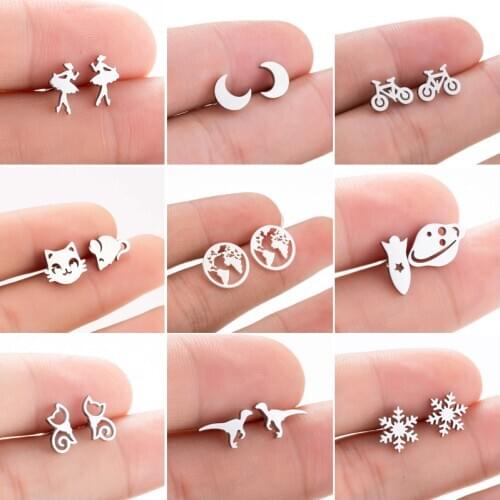 SMJEL 9 Pairs/set Small Stainless Steel Stud Earrings Women Jewelry Cartoon Animal Earing Cat Moon Map Ballet Earring Girl Gift
