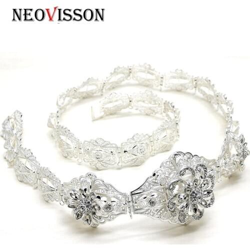 NEOVISSON Gold Silver Color Flower Caftan Belt Wedding Jewelry Full Rhinestone Metal Chain