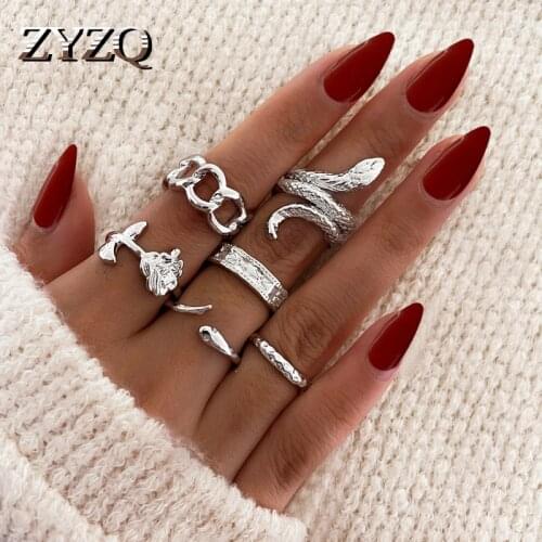ZYZQ Trendy Gothic Snake Knuckle Ring Set For Women Crystal Geometric Finger Rings Fashion Bohemian Jewelry 2021