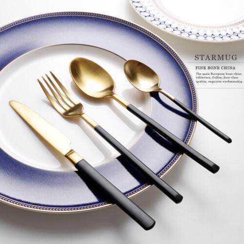 304 Stainless Steel Tableware Set Black Handel Mirror Gold Dinnerware Sets Knife Forks Cutleries European Western Food