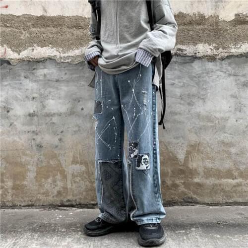 New Autumn Spring Harajuku Jeans Women Straight Pants Patchworkded Vintage Wide Leg Unisex Pants Loose Female Trousers