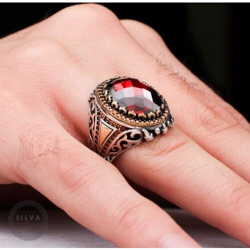 Original Sterling 925 Silver Mens ring With Red Zircon Stone. Mens Jewelry All Sizes Are Available