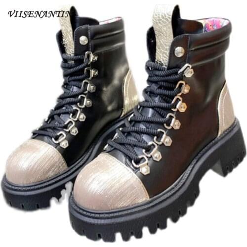Autumn New Leather Color Matching Retro Lace-up Martin Boots Metal Buckle Short Boots Casual Thick-soled Big-toed Womens Boots