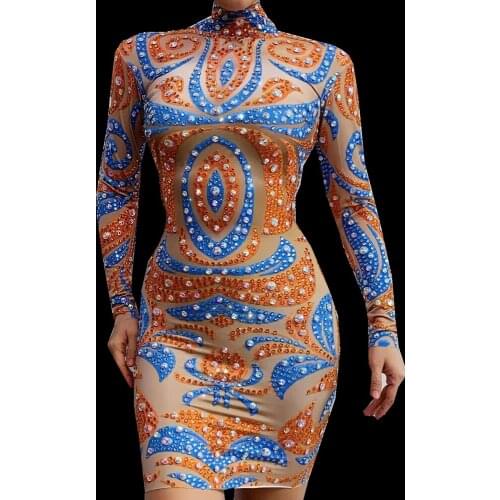 Fashion Print Party Celebration Rhinestone Dress Women Sexy Elastic Birthday Prom Hip Wrapped Dress Dancer Short Dress Costumes