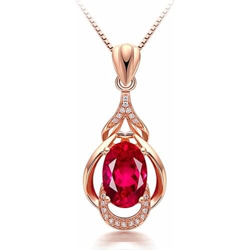 14k rose gold Gourd flower red crystal ruby gemstones diamonds pendant necklaces for women jewelry bijoux party fashion gifts