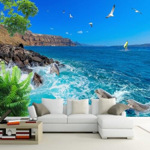 Custom 3D Photo Wallpaper Sea View Blue Sky Dolphin Seagulls Living Room Wall Decor Mural Wallpaper Non-woven Papel De Parede 3D