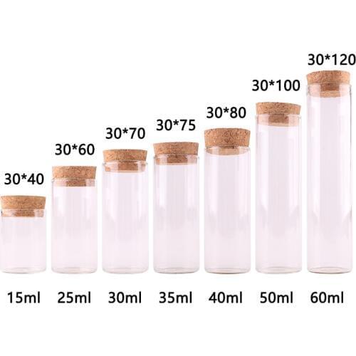Dia 30mm: 15ml 25ml 30ml 35ml 40ml 50ml 60mlTransparent Glass Test Tube Vials Terrarium with Cork Stopper Glass Container 24pcs