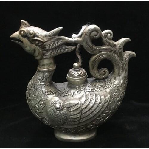 Antique QingDynasty silver sculptuer phoenix teapot, hand-carved crafts,,Collection&Adornment,Free shipping