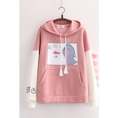 Fleece Women Hooded Sweatshirts Cartoon Dinosaurfor Print Pocket Hoodies For Teen Girls 2020 Winter Thick Loose Cute Tracksuits