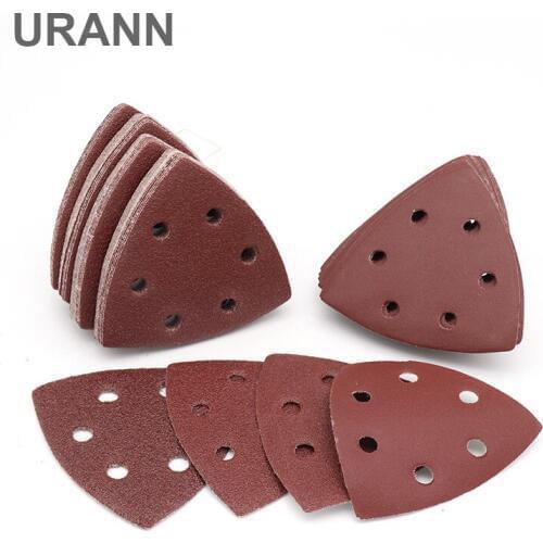 URANN 10pcs 90X90mm Triangle Sandpaper Six Hole Disk Sand Sheets Grit 40-400 Hook and Loop Sanding Disc Polishing Tool