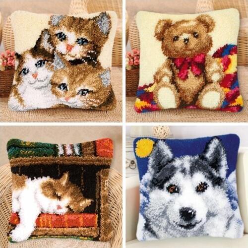 Three Cats Cushion Button Package Latch Hook Rug Canvas Embroidery Carpet Crocheting Foamiran Latch Hook Kits Tapijt Knitted Diy