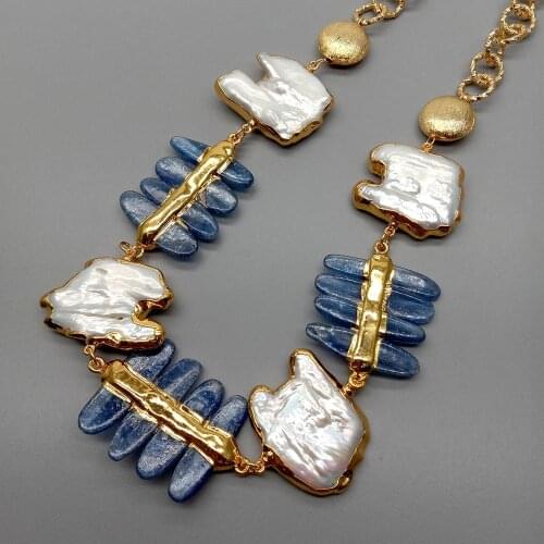 YYGEMNatural Blue Kyanite connector Cultured White Keshi Pearl Gold Filled Chain choker Necklace 17" for women