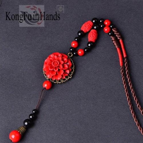 Women Fashion Sweater Chain Ethnic Style Red Flower Pendant Necklace for Ladies Birthday Gift Clothes Accessories Jewelry Chains