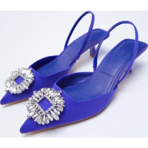 2021 Summer New Blue Single Shoes Women Brethable Fashion Pointed Toe High Heels Sexy Rhinestone Stiletto Sandals And Slippers