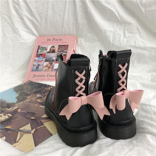 HOUZHOU Womens Shoes Ankle Boots Bow Casual Black Flats Platforms Kawaii Lolita Pink Fashion 2021 Spring Autumn Harajuku