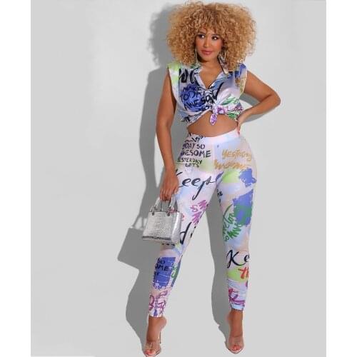 2 Piece Set Women Slim Letter Pants And Sleeveless Shirt Blouse Top 2021 Fashion Print Office Lady Suit Outfits Matching Sets